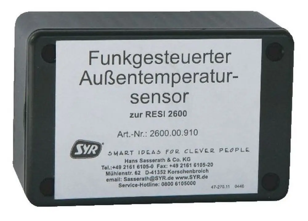Funkferngesteuertes Sensormodul in schwarzer Box mit weißem Schild, Marke SYR, zur Außenmessung der Temperatur, Artikel-Nummer 2600.00.910.